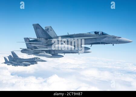 GB2020-09-013 zwei CF-188 Hornet Jets, 425 Tactical Fighter Squadron, fliegen in Formation mit vier F-16 Kampfflugzeugen, 120. Fighter Squadron, von Buckley Air Force Base, Colorado, am 20. September 2020, Über dem Himmel von Labrador während einer NORAD Arctic Air Defense Operation, die von 5 Wing Newfoundland & Labrador gehostet wird. Foto von Master Corporal Krista Blizzard © 2020 DND-MDN Kanada Stockfoto