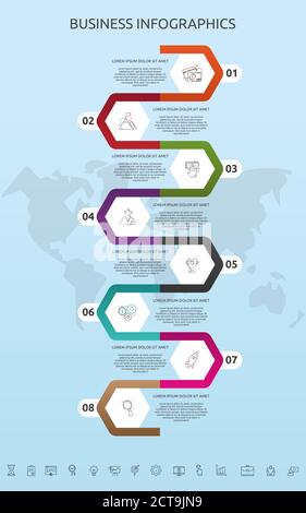 Vektor-Infografik-Schablone Sechsecke für acht Symbole, Diagramm, Diagramm, Darstellung. Geschäftskonzept mit 8 Schritten. Für Inhalt, Flussdiagramm, Zeitleiste Stock Vektor