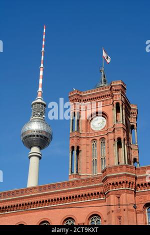 Deutschland, Berlin, Ansicht des Roten Rathaus und TV Turm von unten Stockfoto