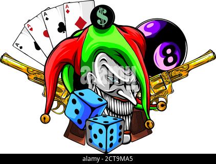 Vektorgrafik Joker und Revolver in weißem Hintergrund Stock Vektor