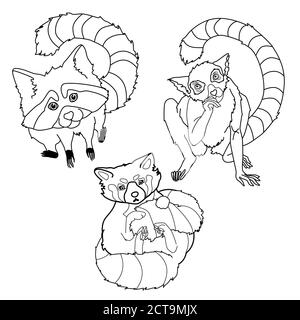 Schwarze Linie Säugetiere auf weißen isolierten Hintergrund. Sticker Set für Einladung oder Geschenkkarte, Farbbuch, Notizbuch Aufkleber, Badfliese. Telefontasche oder Tuch p Stock Vektor