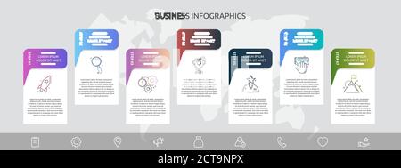 Infografiken Diagramme mit 7 Schritten, Beschriftungen. Vektorvorlage für Diagramm, Business, Web, Banner, Workflow-Layout, flussdiagramm, Infograph, Zeitleiste Stock Vektor