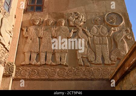 Ost-Anatolien, Türkei Van Van-See, Provinz Akdamar Insel, Reliefs an den Wänden der armenischen Kathedrale-Kirche des Heiligen Kreuzes Stockfoto