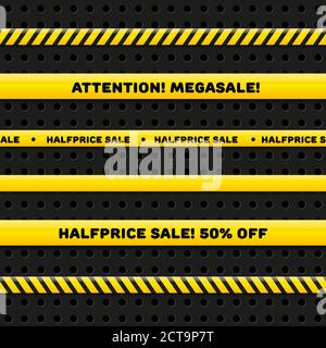 Polizeilinie für Megasale, realistischer Vektor isoliert auf dunklem Hintergrund. Nahtlose Warnbänder Stock Vektor