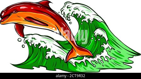 Die Dolphin, der aus Meerwasser auf weißem Hintergrund springen ist, isoliert. Vector Illustration. Stock Vektor