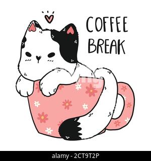 Nette weiße Katze in Gänseblümchen rosa Tasse Kaffee, Kaffeepause, liebenswert Doodle Kitty Clip Art, flache Vektor, Idee für Scrapbooking, druckbar, Gruß ca. Stock Vektor