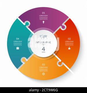 Puzzle Infografik Kreis mit 4 Schritten, Optionen, Stücke. Vierteiliges Zyklusdiagramm. Kann für Diagramm, Diagramm, Bericht, Präsentation, Web-Design verwendet werden. Stock Vektor