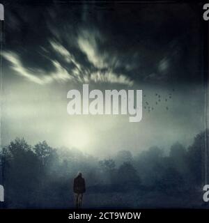 Landschaft bei Gegenlicht, zusammengesetzte stehende Person Stockfoto