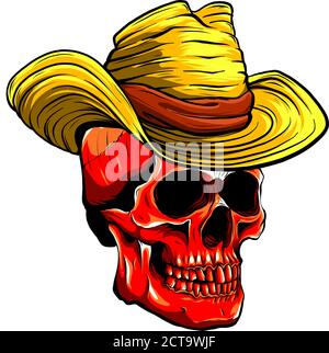 Gruselige Cowboy Schädel Charakter mit klassischen Filzhut in Cartoon Stil Stock Vektor