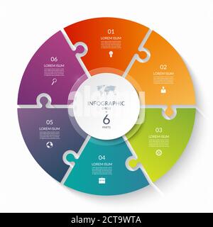 Puzzle Infografik Kreis mit 6 Schritten, Optionen, Stücke. 6-teiliges Zyklusdiagramm. Kann für Diagramm, Diagramm, Bericht, Präsentation, Web-Design verwendet werden. Stock Vektor