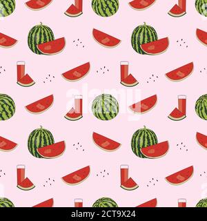 Wassermelone und Wassermelone Saft und Samen nahtlose Muster Stock Vektor