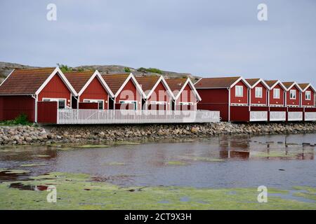 Schweden, Kungshamn, Reihe der typischen roten Holzhäusern Stockfoto