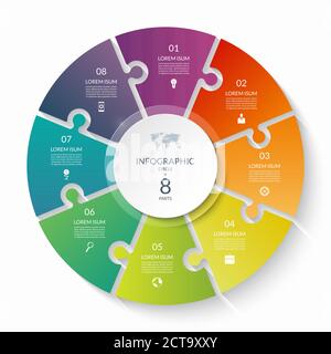 Puzzle Infografik Kreis mit 8 Schritten, Optionen, Stücke. Achtteilige Zyklusübersicht. Kann für Diagramm, Diagramm, Bericht, Präsentation, Web-Design verwendet werden. Stock Vektor