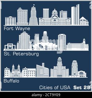 Städte der USA - Fort Wayne, St. Petersburg, Buffalo. Detaillierte Architektur. Trendige Vektorgrafik. Stock Vektor