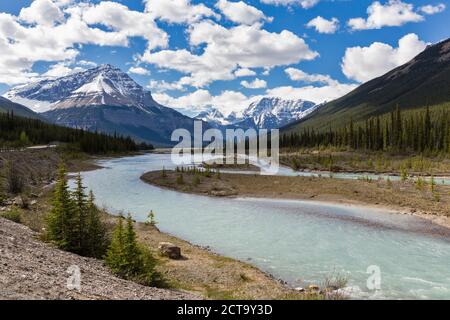 Kanada, Alberta, Jasper Nationalpark, Banff Nationalpark, Icefields Parkway, Mountain Ridge Gewirr am Athabasca River Stockfoto