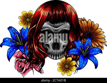 Mädchen mit Skelett bilden handgezeichnete Vektorskizzen. Stock Vektor