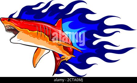 Emblem Haie und Feuer Vektor Illustration Design Stock Vektor