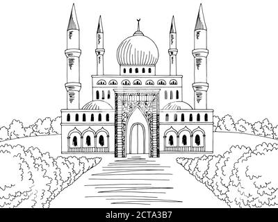 Moschee außen Grafik schwarz weiß Skizze Illustration Vektor Stock Vektor