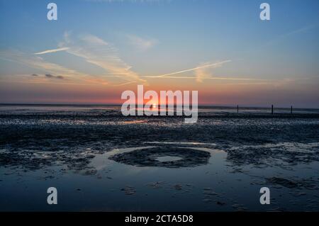 Deutschland, Niedersachsen, Ostfriesland, Norddeich, niedrigere Nationalpark Sächsische Wattenmeer, Sonnenuntergang Stockfoto