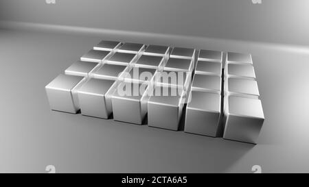 Cubes oder Boxen, um ausgerichtet, silberne metallische Oberfläche, in realistischen Studio-Interieur, 3d CGI Rendern Illustration, konzeptionelle Tapete oder Hintergrund Stockfoto