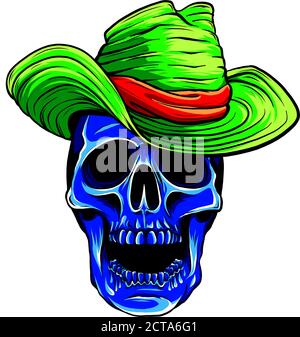 Gruselige Cowboy Schädel Charakter mit klassischen Filzhut in Cartoon Stil Stock Vektor