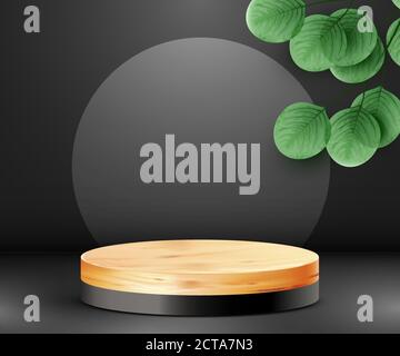 Abstrakter Szenenhintergrund. Zylinder Holz Podium auf schwarzem Hintergrund mit Blättern. Produktpräsentation, Mock up, zeigen kosmetische Produkt, Podium, Bühne Sockel oder Plattform. Vektorgrafik Stock Vektor