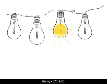 Girlande mit drei Schalter aus und ein Schalter auf Glühlampen isoliert auf weiß, Konzeptbild, Abbildung Stockfoto