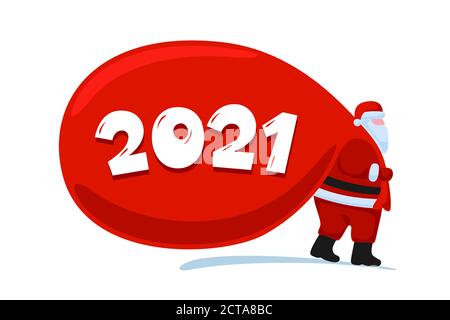 Santa Claus Cartoon Charakter kommen und trägt große schwere Geschenke rote Tasche. Weihnachten und Happy New Year Weihnachtsgruß Karte auf weißem Hintergrund. Vektor Feier Kalender Poster Illustration Stock Vektor