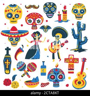 Tag der Toten traditionelle Symbole der mexikanischen Feiertag Stock Vektor