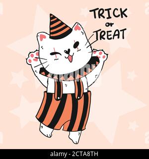 Niedliche Halloween Doodle Outline Katze im Joker Kostüm, Trick or Treat, Idee für Grußkarte, druckbar, Sublimation Stock Vektor