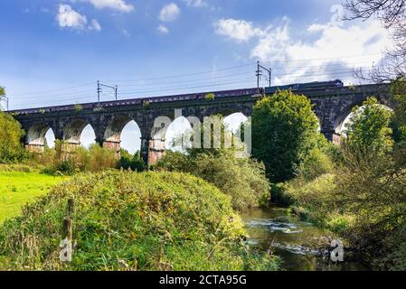 Die Dampflokomotive Tornado, die den Viadukt des Sankey Valley überquert Über den Sankey Brook auf der 'Ticket to Ride' Railtour Von Darlington nach Liverpo Stockfoto