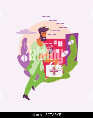 Online-Apotheke, Drogerie Lieferung und medizinische Hilfe flache Vektor-Illustration. Stock Vektor