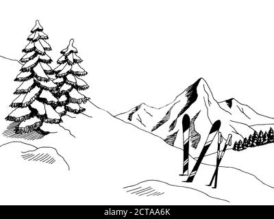 Skifahren Grafik Kunst schwarz weiß Landschaft Skizze Illustration Vektor Stock Vektor