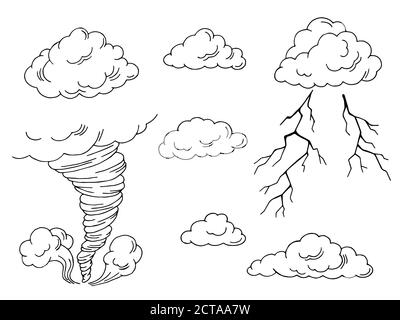 Wolken setzen Grafik Tornado Blitz schwarz weiß isoliert Illustration Vektor Stock Vektor