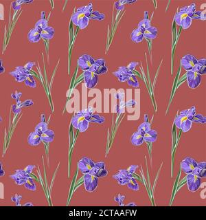 Iris Blumen Vektor nahtlose Hintergrund Muster Hand gezeichnet. Vektorgrafik. Textildesign, Geschenkpapier. Stock Vektor