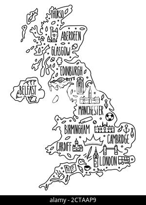 doodle handgezeichnete Grossbritannien Karte. Detaillierte zuverlässige Karte mit Städten. Symbole, bekannte Verbände. Cartoon Sehenswürdigkeiten, Sehenswürdigkeiten Cliparts Stock Vektor