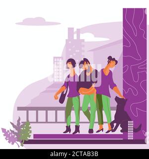 Diverse Menschen stehen gegen die Wolkenkratzer Hintergrund flache Vektor-Illustration. Stock Vektor