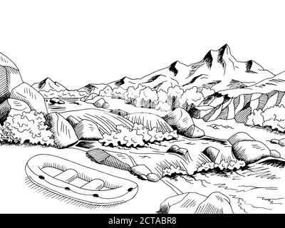 Floß Fluss Berg Boot Grafik schwarz weiß Landschaft Skizze Illustrationsvektor Stock Vektor