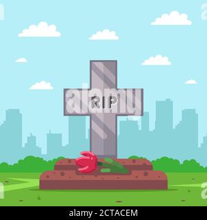 Grabkreuz auf dem Hintergrund der Stadt. Stadtfriedhof. Flache Vektorgrafik Stock Vektor