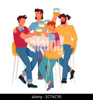 Freunde Gruppe Bier trinken und Spaß zusammen flache Vektor-Illustration isoliert. Stock Vektor