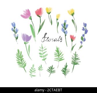 Aquarell-Set mit Blumenmuster. Bunte Frühlingsblumen von Hand gezeichnet, Vektor. Frühling Sommer. Stock Vektor