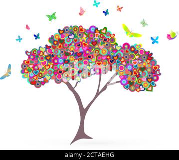 Modisches Liebeskonzept: Baum mit Herzen und Schmetterlingen Stock Vektor