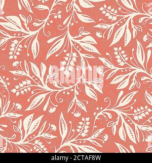 Florales Nahtloses Muster mit Blättern und Beeren in Korallen- und Cremetönen, handgezeichnet und digitalisiert. Design für Tapete, Textil, Stoff, Verpackung, Hintergrund. Stock Vektor