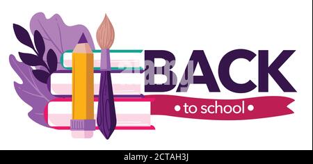 Zurück zur Schule, Bücher und Bleistift mit dekorativer Flora Stock Vektor