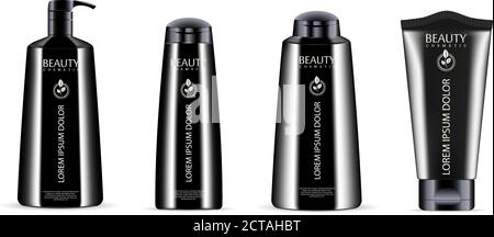Schwarze Kosmetik Flasche Glas Set mit schwarzen Top Caps. Realistische 3d-Mock-up von Kosmetik-Paket. Vektor-Illustration von Spender und Pipette, Creme ja Stock Vektor