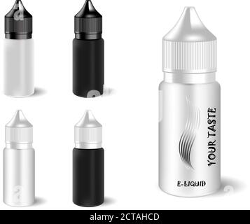 Vape e Flüssigsaftflaschen Set mit Etikett und schlichtem Style Logo. Vape Gläser in schwarz-weiß Farbe der Kappen und Bodys. EPS10 illustratio von hoher Qualität Stock Vektor