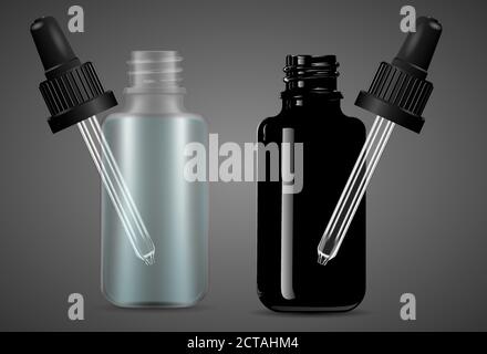 Set aus offenen Tropfflaschen mit Pipette für medizinische Produkte, vape e Flüssigkeit, Öl, Serum und Essenz. Schwarze und transparente Glas Kosmetikflaschen mockup Stock Vektor