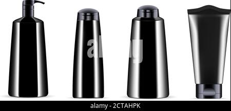 Schwarze Kosmetik Flasche Glas Set mit schwarzen Top Caps. Realistische 3d-Mock-up von Kosmetik-Paket. Vektor-Illustration von Spender und Pipette, Creme ja Stock Vektor