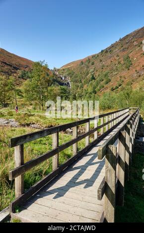 Eine Brücke über die Afon Eidew in Richtung Pistyll Rhyd-y-mainciau Wasserfall am Lake Vyrnwy, Powys, Wales Stockfoto