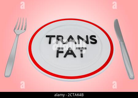 3D-Darstellung des TRANS-FAT-Titels auf einer hellgrünen Platte, zusammen mit silbernem Knif und Gabel, isoliert über rotem Gradient. Stockfoto